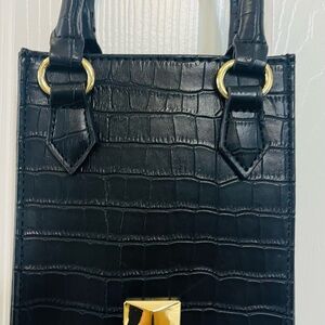 Black Structured Tote with Crocodile Texture and Gold Hardware